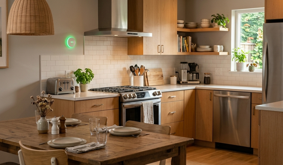 Cocina moderna equipada con detector de fugas de gas para la prevención de accidentes y emergencias