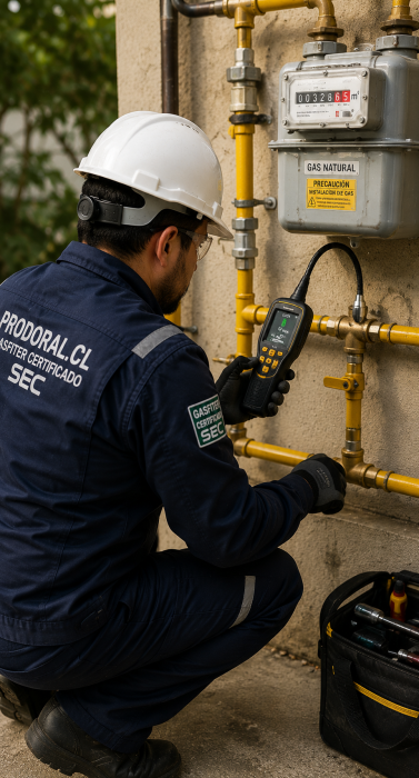 Gasfiter certificado SEC inspeccionando una instalación para detectar fugas de gas antes de aplicar Prodoral R6-1